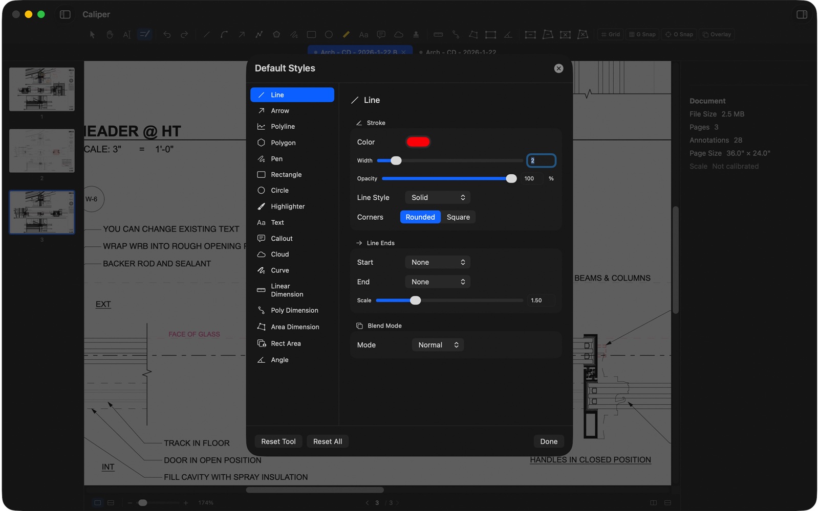 The per-tool default styles dialog