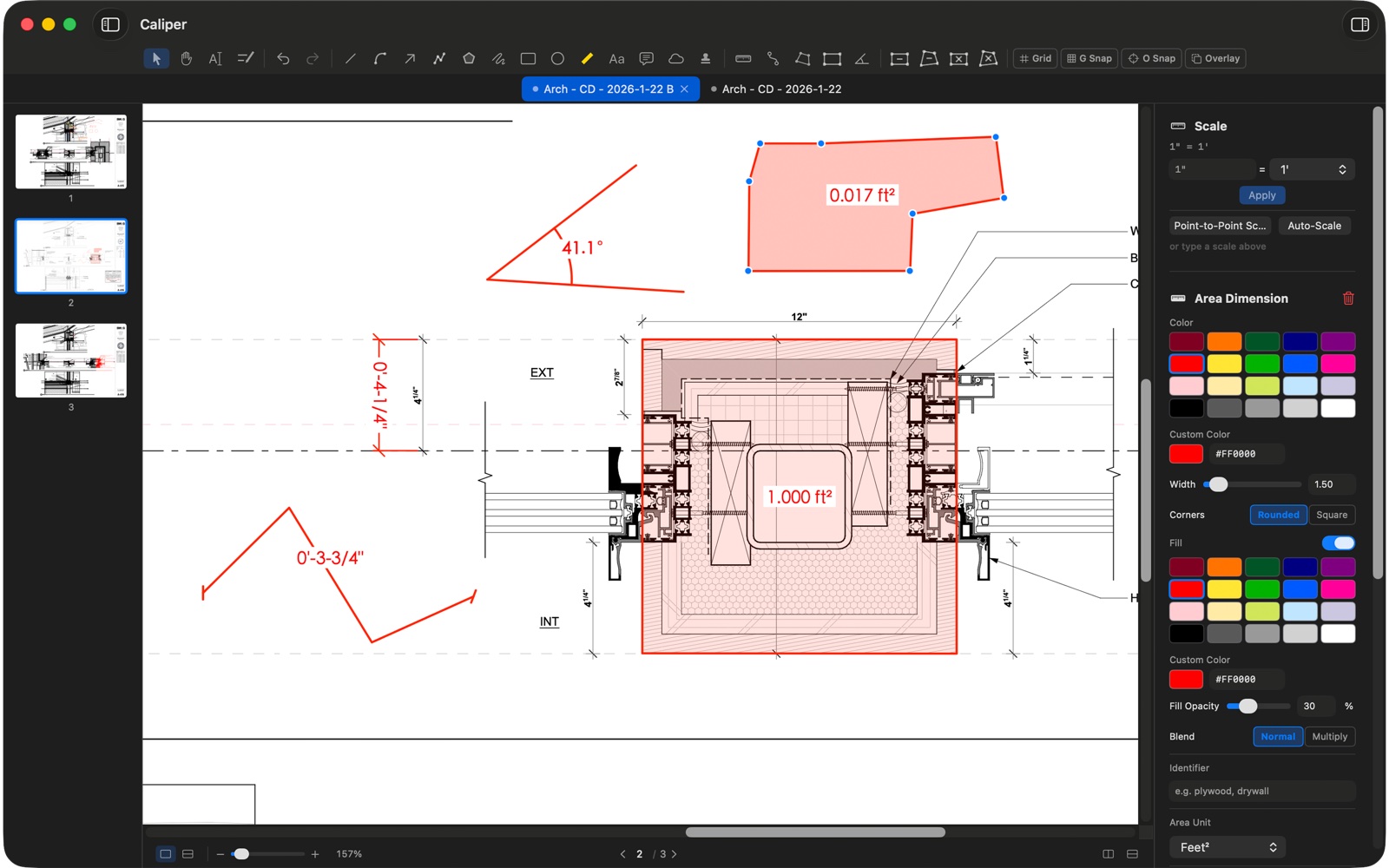 Calibrated area and dimension measurements on a floor plan