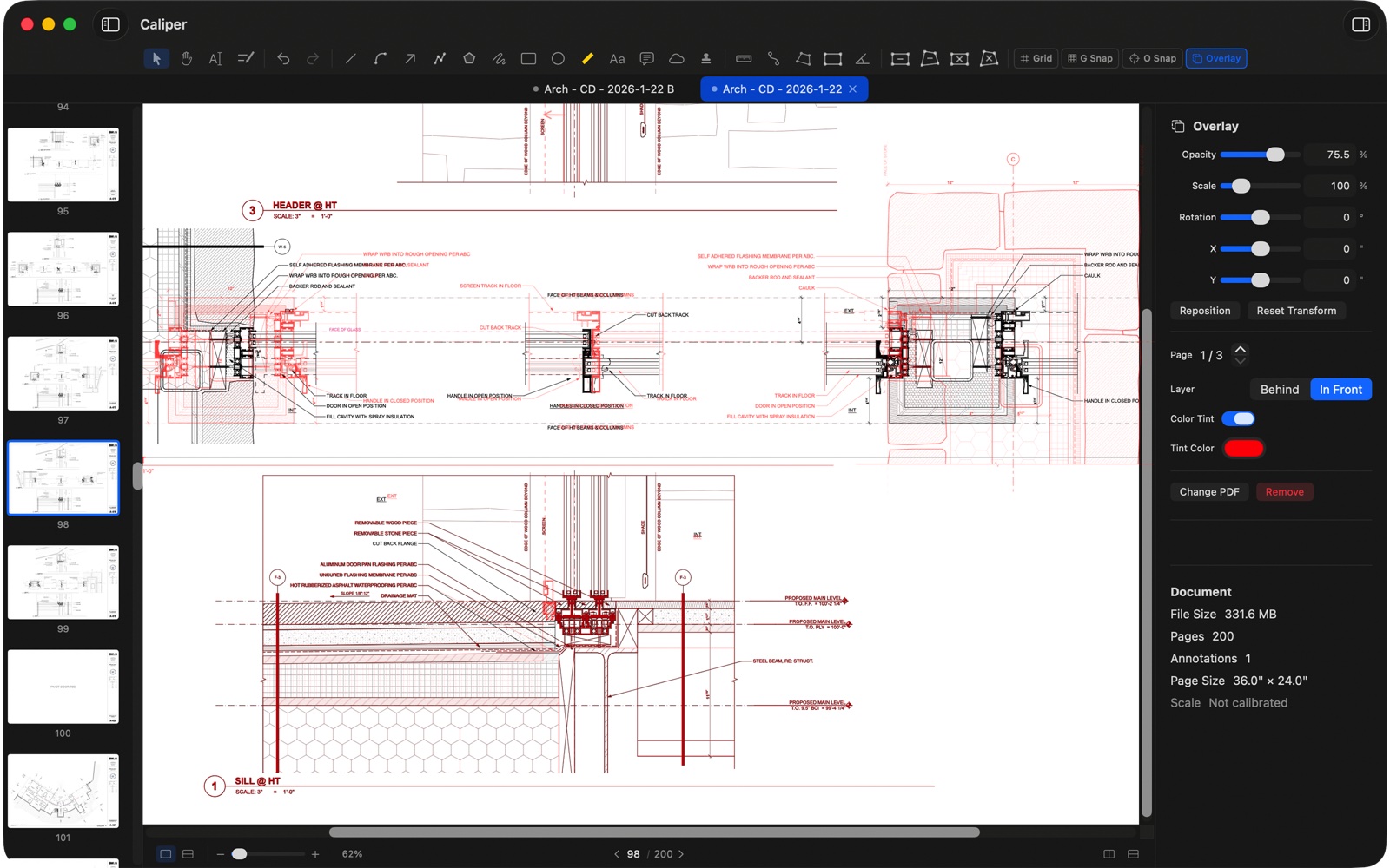 Two drawings overlaid with a red tint to compare revisions